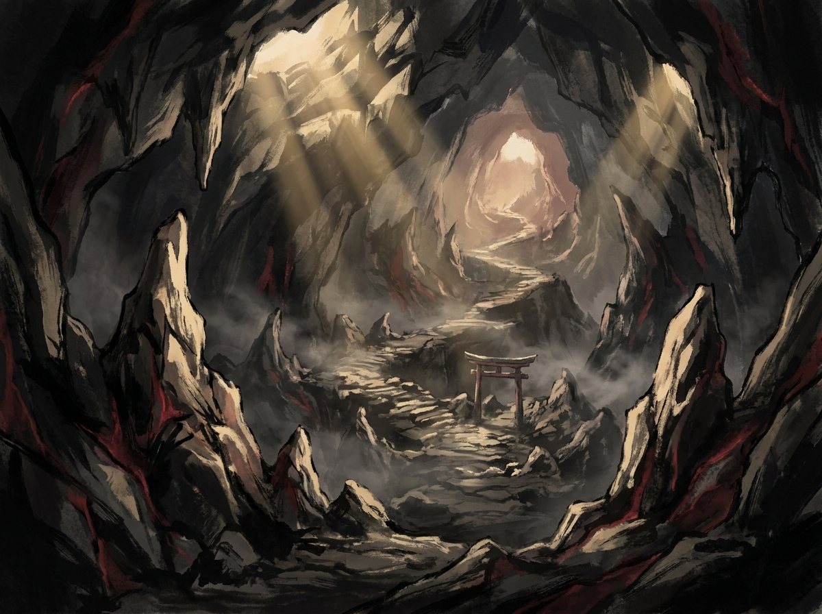 Victory Road — a winding stone path climbing through a misty cavern toward the light, beneath a red torii gate (artwork)